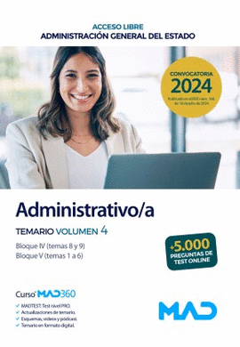 ADMINISTRATIVO /A ESTADO TURNO LIBRE TEMARIO VOL 4 2024